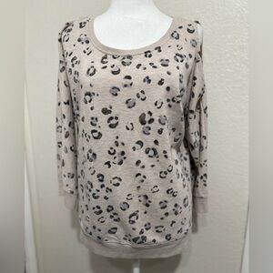 Democracy Beige Leopard Print cold shoulder sweater with 3/4 sleeve